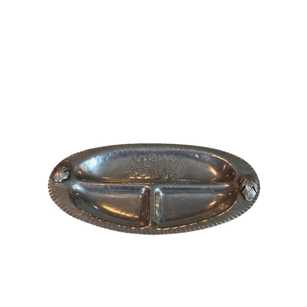 Vintage 1940's Continental Hand Wrought Aluminum Divided Serving Tray #637 Leaf
